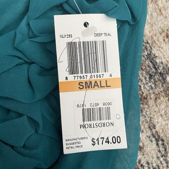 Nordstrom NU Collective NWT Ruffle Silk Blouse S Teal Blue V-neck Tie Waist $174 - Picture 4 of 9